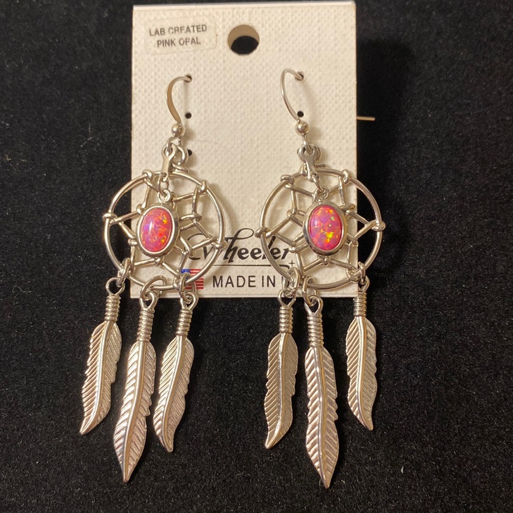 Wheeler,NWT Ladies lab created pink opal dream catcher earrings. Made in the USA